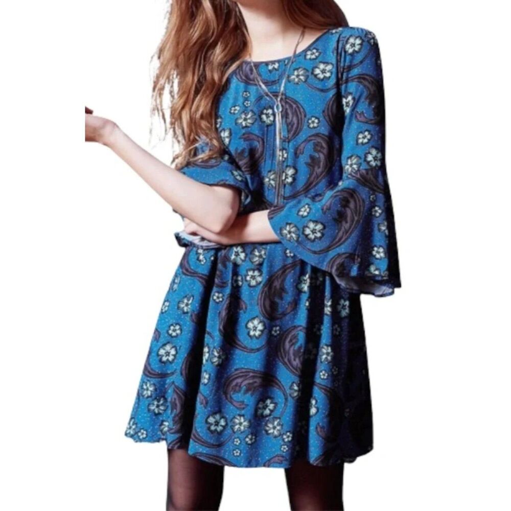 For Love & Lemons 3/4 Bell Sleeve Floral Print Mini Dress Navy Blue Black Large
